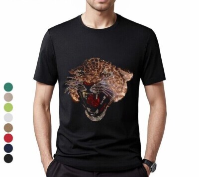 Fashion Trend Leopard Hot Diamonds Rhinestones Black Summer Luxury Men T-Shirt