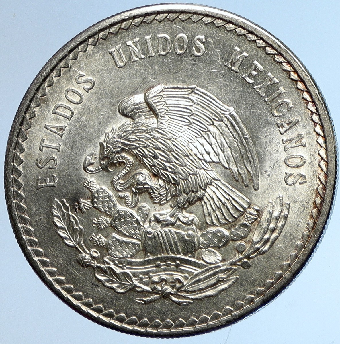 1947 MEXICO Aztec Chieftain CUAUHTEMOC Eagle VINTAGE Silver 5 Peso