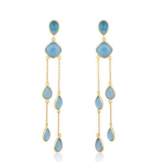 Long Chain Earrings Yellow Gold Plated Blue Chalcedony Gemstone Dangle Earring - Image 2 of 4