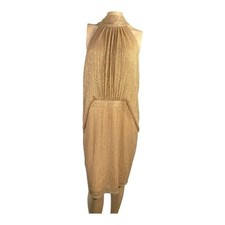 HALSTON Gold Metallic Mock-Neck Dress Size 14