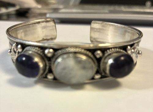 Sterling Silver Moon Stone & Amethyst Cuff Bracelet 9"