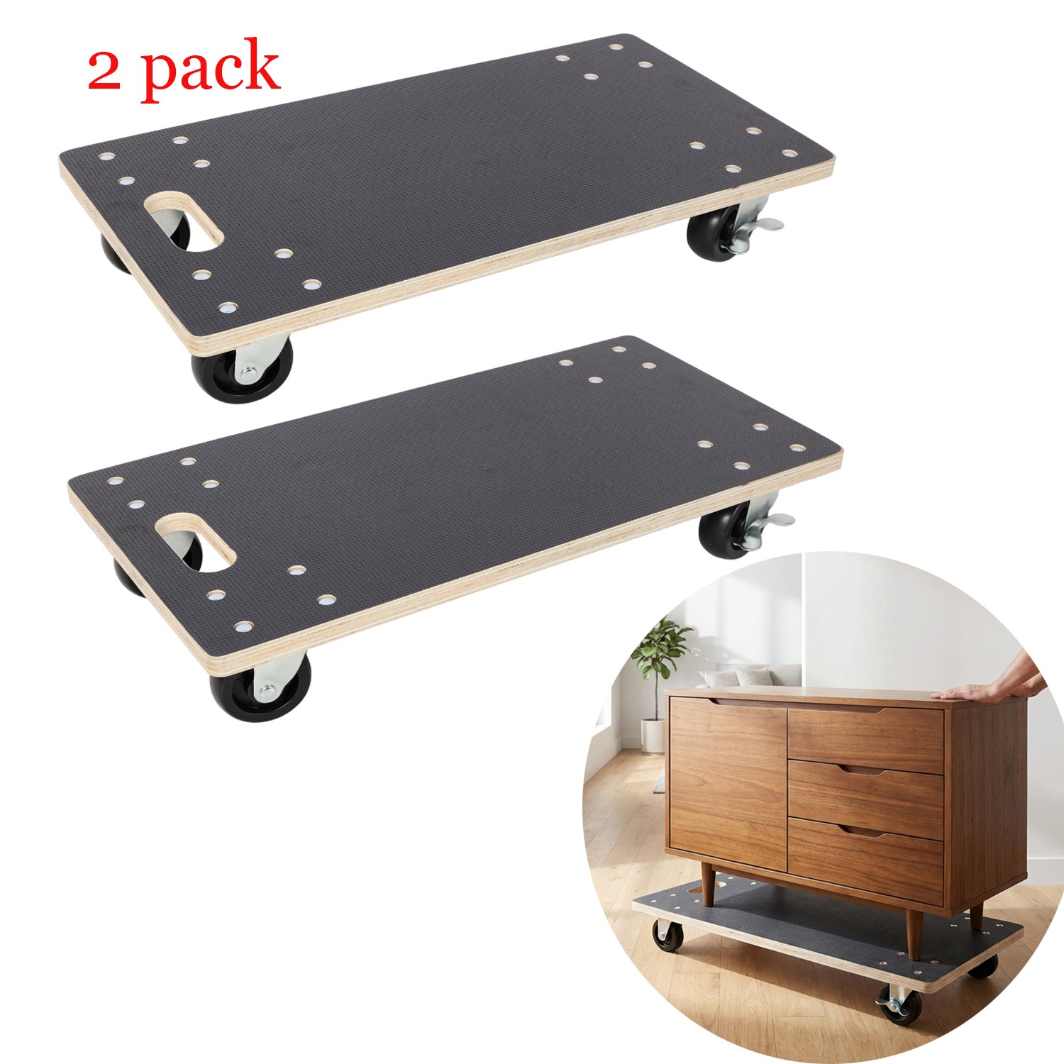 2X Furniture Moving Wooden Dolly with 4 Wheels Brakes Heavy Duty Rolling Mover