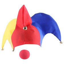 2Pcs Carnival Jester Clown Bells Hat and Red Nose Circus Clown Cosplay Dress-Up