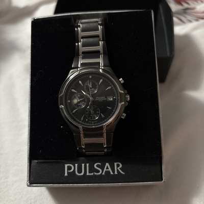 #ad Pulsar NPSA01 Men’s Watch Black On Silver Stainless Steel New Battery $40.00