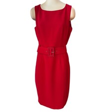 Calvin Klein Red Sleeveless Belted Sheath Dress Boat Neck Size 12