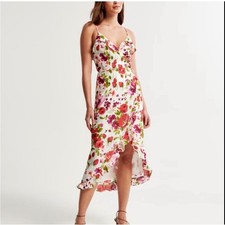 Abercrombie Fitch Floral Strawberry Ruffle Wrap Midi Dress