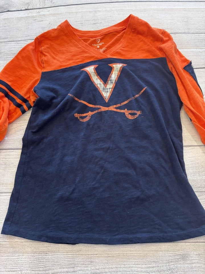 Virginia Cavaliers Shirt Womens Medium Orange Navy Long Sleeve NCAA V-Neck - Image 2 of 4