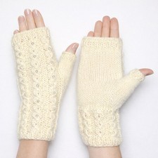 NEW Hand Knit Angora Wool Women's Fingerless Gloves OS Ivory Pearls Beads