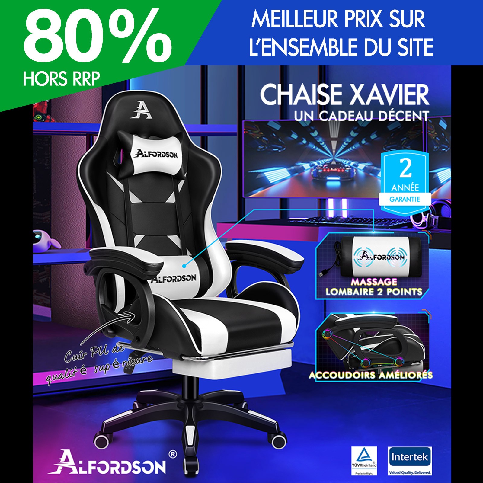 Chaise gaming blanche ALFORDSON fauteuil bureau massage lombaire 2 points