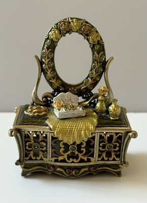 Vanity Trinket Box Enamel Green Crystal Rhinestone Mini Victorian Dressing Table