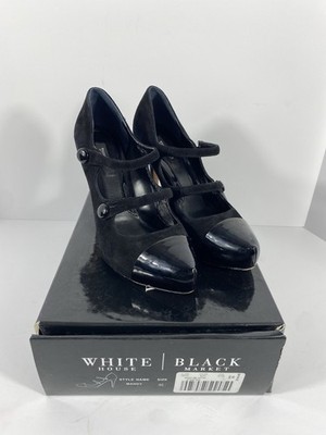 White House Black Market Mandy Black Suede Mary Jane Heels Size 8.5 Leather Sole
