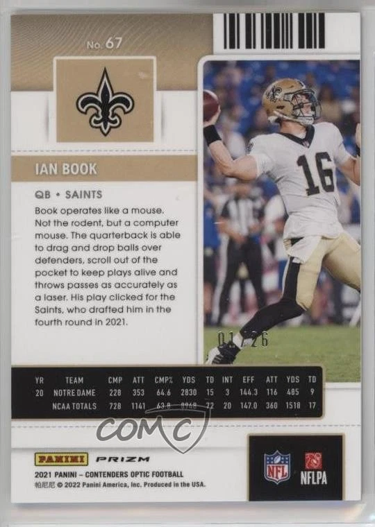 2021 Panini Contenders Optic Ticket Purple Pulsar Prizm /26 Ian Book Rookie RC - Image 2 of 2