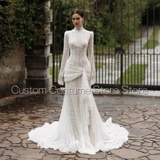 Elegant Mermaid Wedding Dresses High Neck Long Sleeves Pleated Bridal Dresses