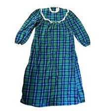 Vintage LL Bean by Lanz Plaid Heart Flannel Nightgown Lace Green Blue S Made USA