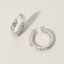 NEW SMALL MEDIUM TWISTED DIAMOND CUT HOOP EARRINGS SILVER LIGHT WEIGHT  1"