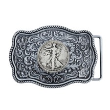 1937 Walking Liberty 90 Silver Half Dollar Belt Buckle Beautiful Western Scroll