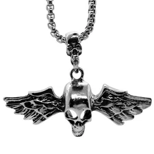 Seven Seas Pirates Stainless Steel Skull Wings Necklace Pendant - Metal Chain