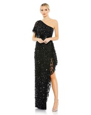 Mac Duggal Black Sequin Pearl Beeaded One-Shoulder Slit Gown Size 2 598