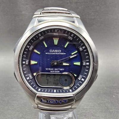 Casio Illuminoator AQ-180W Watch Men 41mm Blue Dial Silver Alarm Daydate New Bat