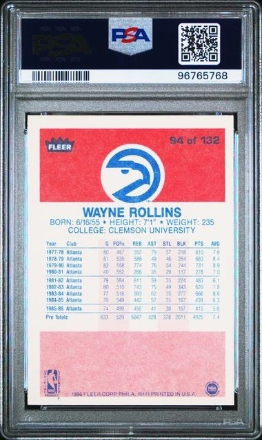 WAYNE ROLLINS 1986 Fleer #94 PSA 8 NM/Mint Atlanta Hawks - Image 3 of 3