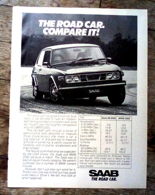 1976 Saab 99 EMS vs BMW 2002 ''The Road Car'' 4-Speed Manual Transmission Print Ad