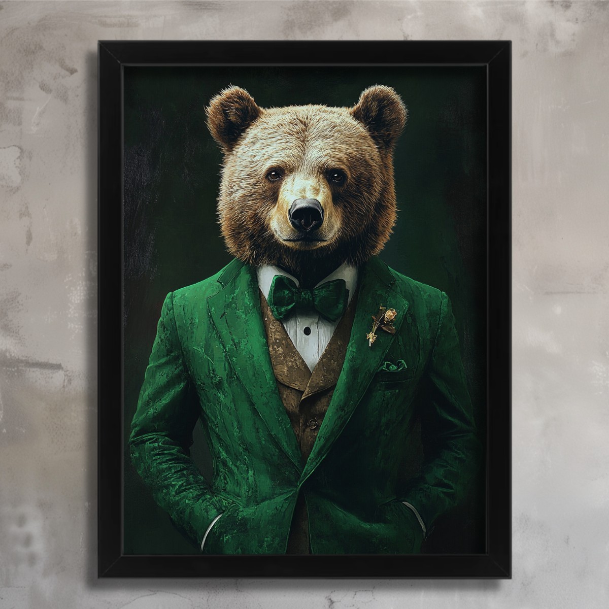 Bear in Green Suit Wall Art Vintage Brown Bear Portrait Animal