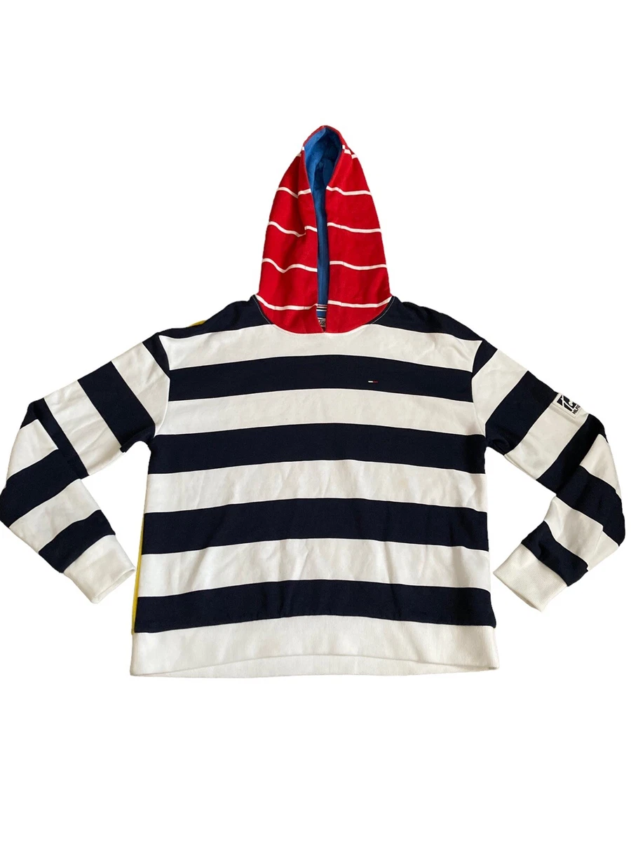 Tommy Hilfiger Denim Womens Striped Colorblock Hoodie Size S Blue Red Yellow