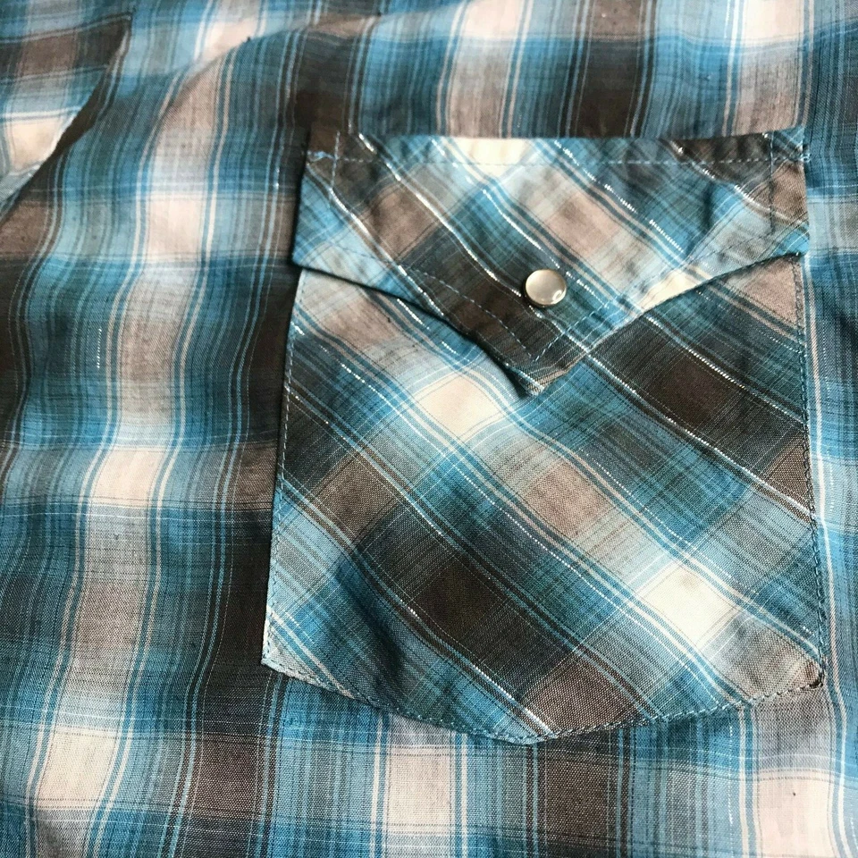 Plains Western Aqua & Black Size XL snap front silver metallic stitching plaid - Image 3 of 4