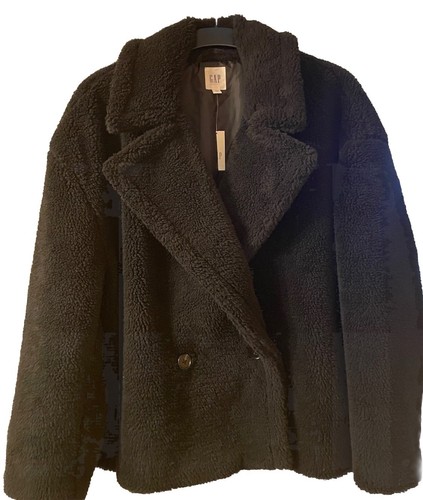 NWT GAP FACTORY FAUX FUR SHERPA JACKET SZ XXL 2XL BLACK BUTTON FRONT SIDE POCKET