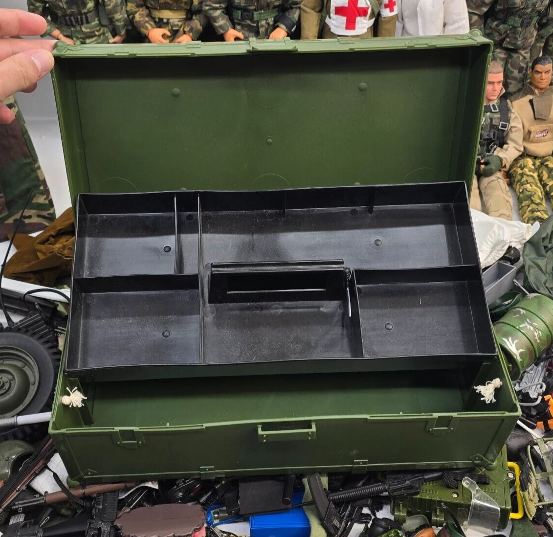 vintage military action figures weapons boat tent clothing chest 