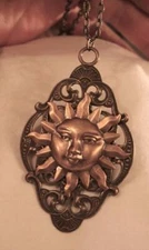 Large Open Swirl Festooned Shiny Smiling Sun Brasstone Pendant Necklace