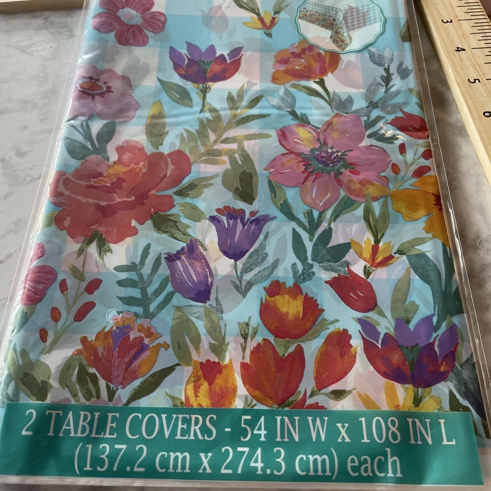 The Pioneer Woman Blooming Plaid Plastic Table Cloths Covers 54 in x108 in BULK - Image 3 of 3