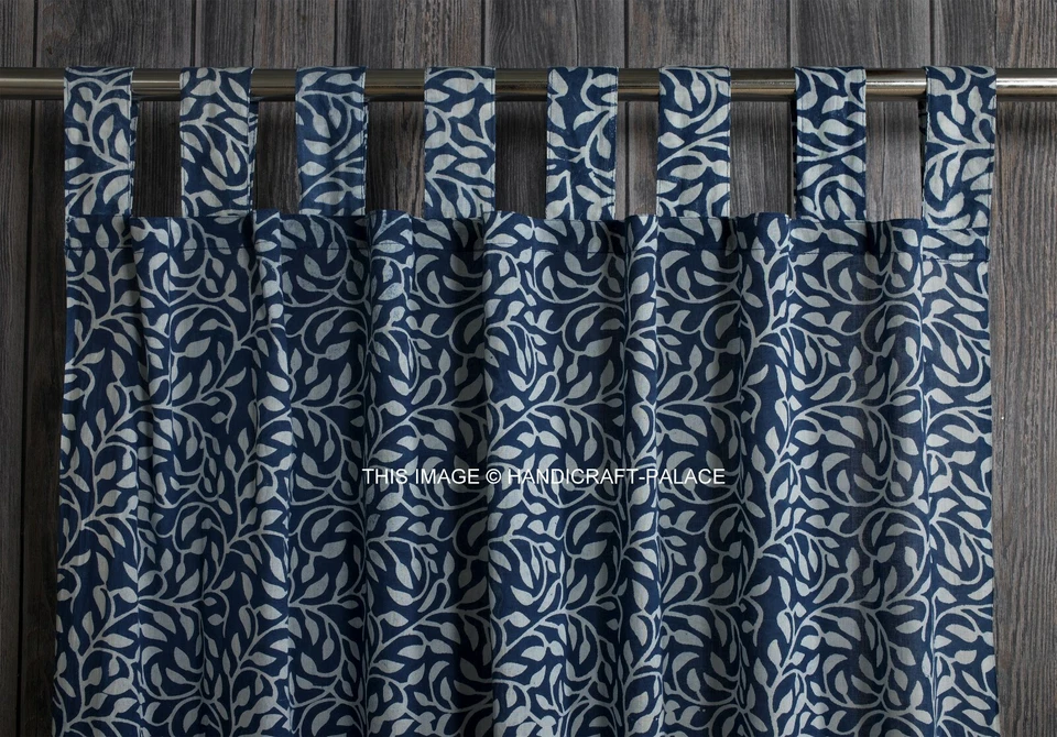 Cortina impresa en bloque a mano panel algodón bucles tinte natural azul índigo 86" cortinas Foto 3 de 3