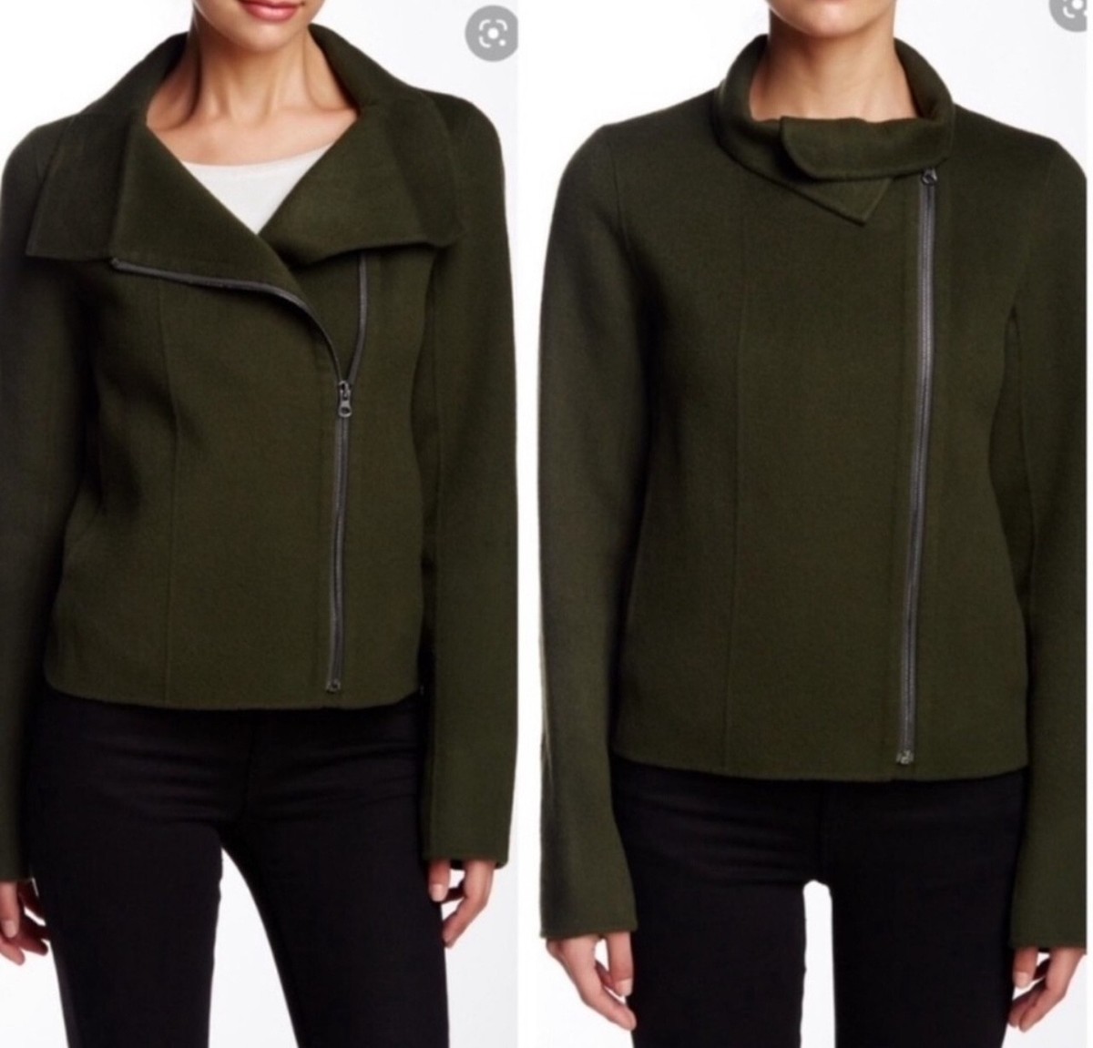 VINCE Army Olive Green Wool Nylon Asymmetric Zip Moto Jacket w