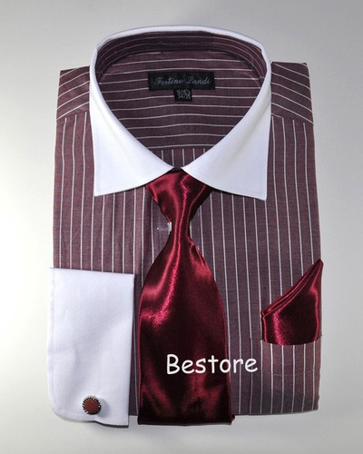 Men's Striped Formal Dress Shirt w/ French Cuff Links, Tie and Hanky #17 - 第 8/10 張圖片