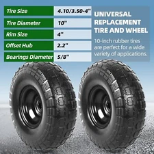 (2-Pack) 10-Inch Solid Wheels, 4.10/3.50-4" Tire and Wheel Flat Free, with 5/8"