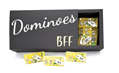 28 DOMINOSTEINE. 6/6. BFF. BESTE FREUNDE FÜR IMMER. DILVER CHARMS. GELBE RÜCKSEITE, VERPACKT