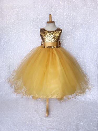Sleeveless Mini Sequin Gold 2 Layer Tulle Junior Dress Wedding Flower Girl Party - Picture 18 of 35