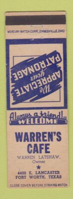 Matchbook Cover - Warren's Cafe Fort Worth TX