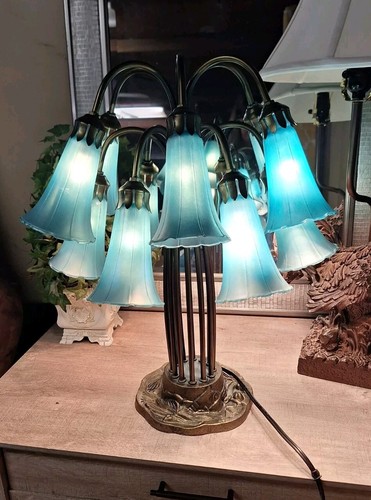 Large 12 Arm Tulip desk study Table Lamp Lily Pad - Blue Shades, Nice Condition!