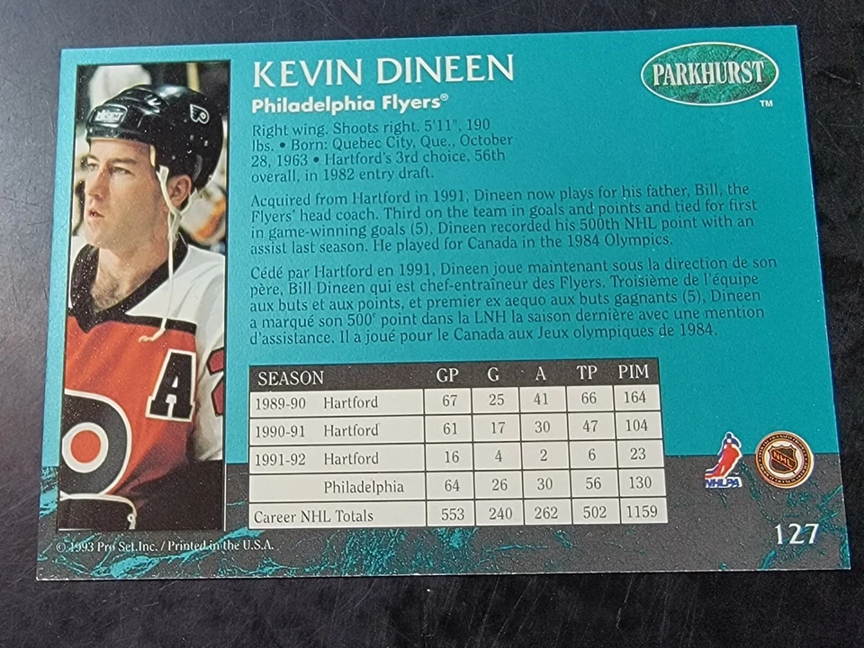 1992-93 Parkhurst Emerald Ice Hockey #127 Kevin Dineen  - Image 2 of 2