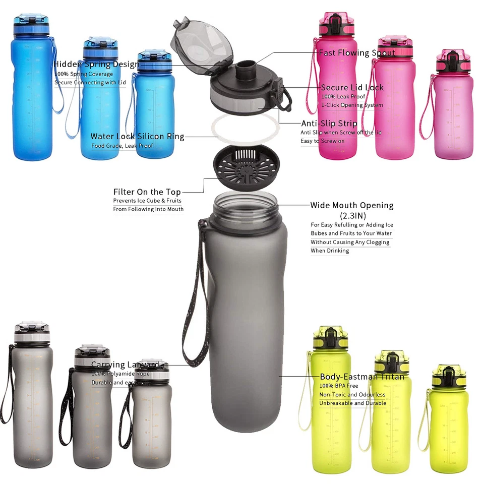 3 Size Wide Mouth Leak Proof Sports Fitness Travel Big Capacity Water Bottle US - Image 3 of 4