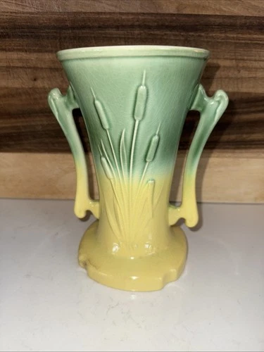vintage Cameron Clay Company Art Pottery Cattail Double Handle Vase 1950s McCoy