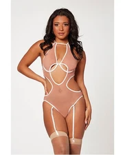Seven ’til Midnight Mesh Cut Out Halter Teddy Nude/White