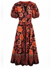 MSK Women's Challis Button Front Brown & Orange Floral Maxi Dress Size 1X NWT