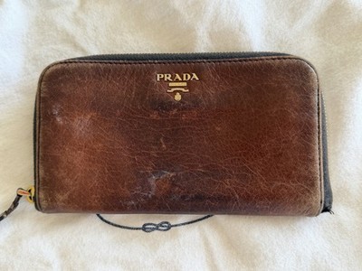 Authentic Prada Cervo Antic Met Long Zip Around Wallet Brown Antiqued Leather