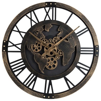 Large Wall Clock, 27'' Gear Clock w/World Map, Non-Ticking Decorative Metal Clock