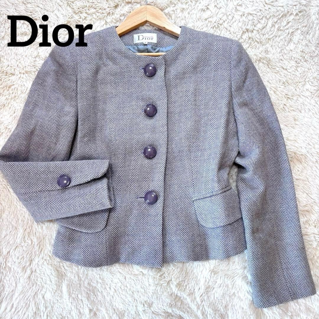 Christian Dior Jacket Vintage Herringbone Short Length M 52cm Grey Pink