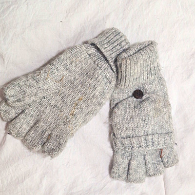 Women's Gray Knit Convertible Fingerless Wrist Gloves, Button Accent, One Size
