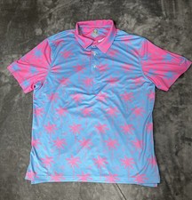 Chubbies Men Large Performance Polo Pink BLue Palm Trees Golf Beach Hawaiian